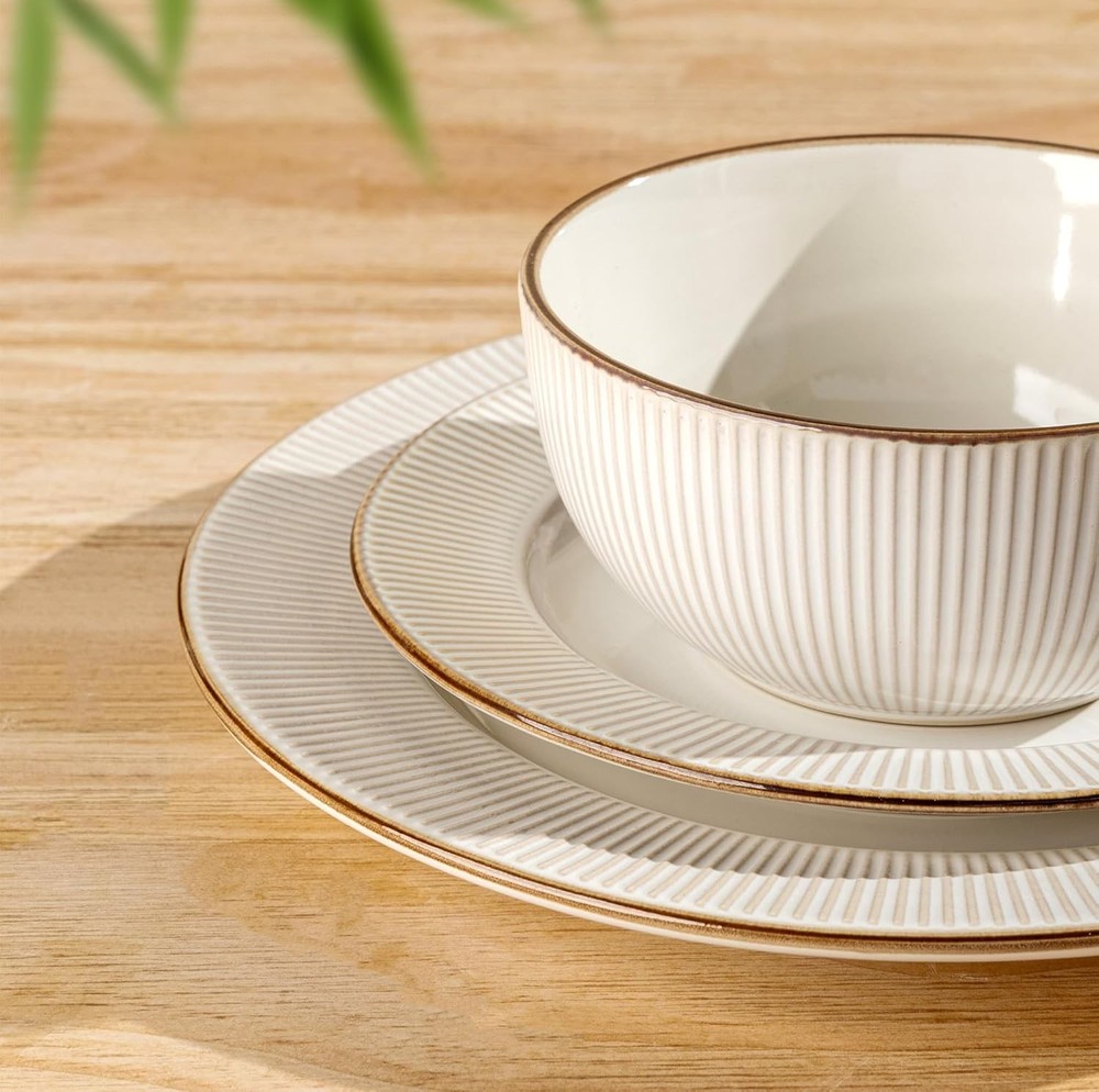 Ceramic Dinnerware Sets,12 pcs Embossed Elegant Stoneware Plates & Bowls Sets