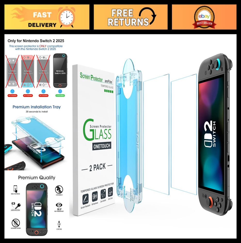 2 Pack Tempered Glass Screen Protector for Nintendo Switch 7.9'' - Easy Install,