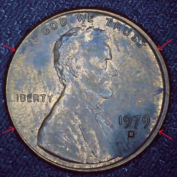 1979 D Lincoln Penny error collar break