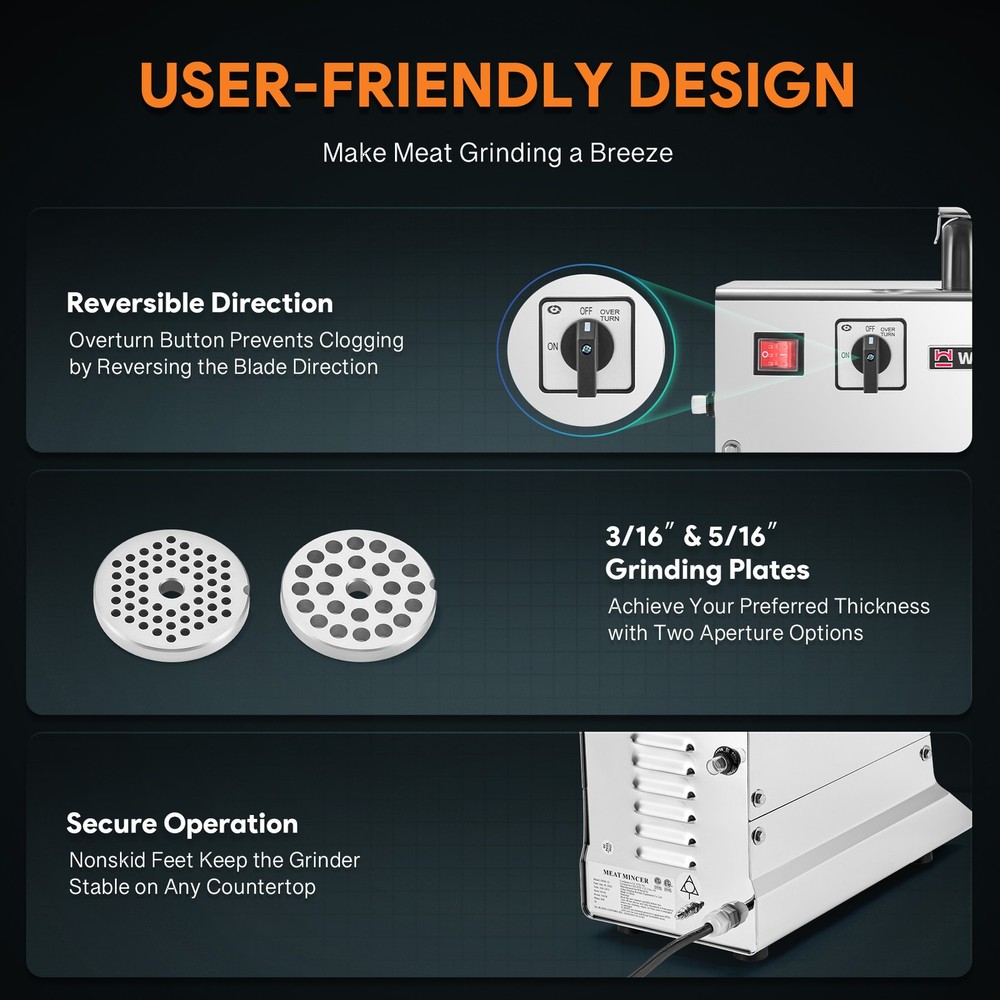Commercial Electric Meat Grinder Machine Reverse Function Dual Grinding Plates