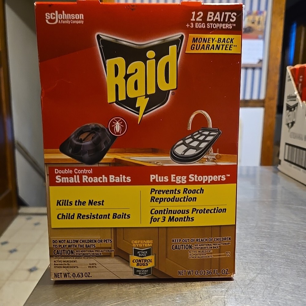 Raid Double Control 12 Small Roach Baits + 3 Egg Stoppers Kills & Sterilizes NEW