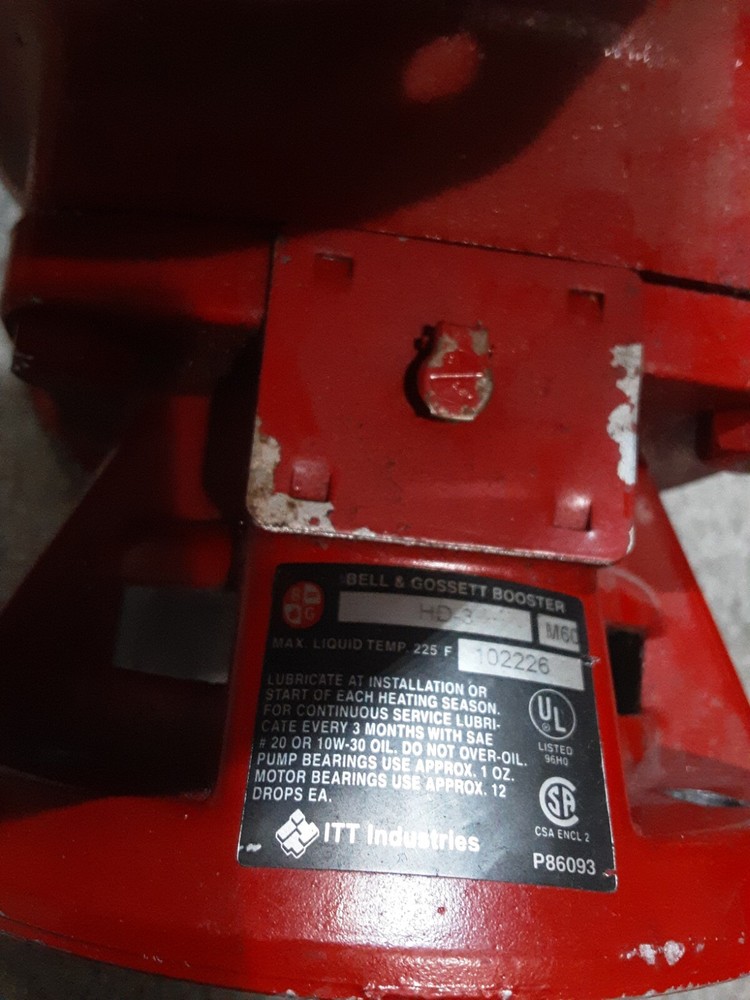 BELL GOSSETT BOOSTER CIRCULATING PUMP 102226 HD3 M60