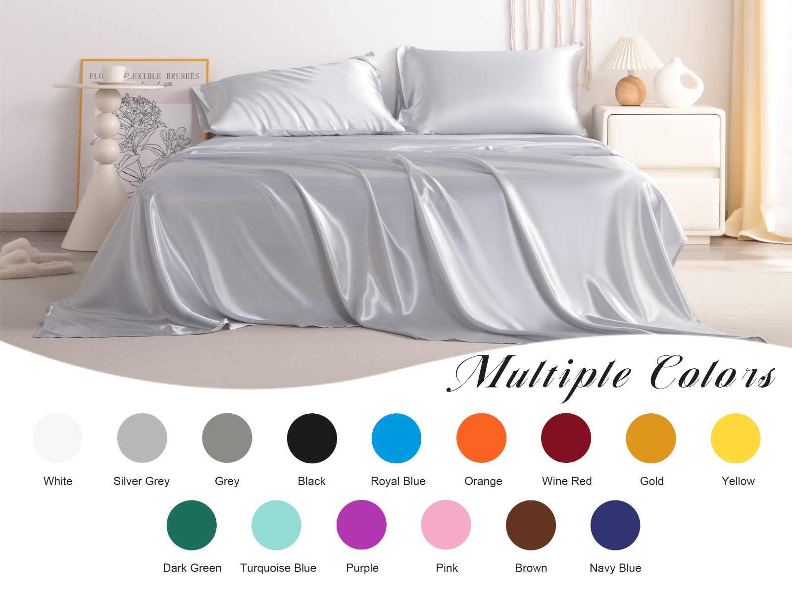 4 Pcs Lustrous Satin Silk Sheet Set Deep Pocket Bed Sheet Wrinkle Fade Resistant