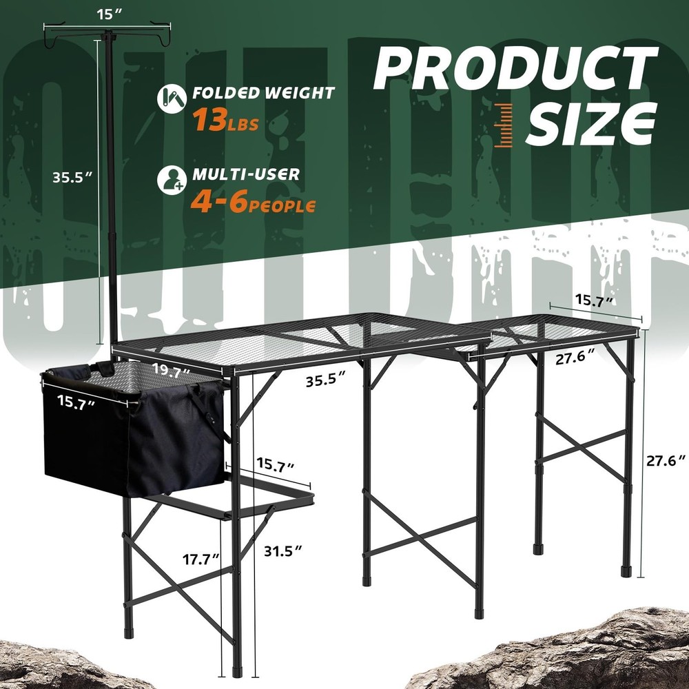 Folding Table with Sink and Double Shelf, Camping Table Height Adjustable Fol...