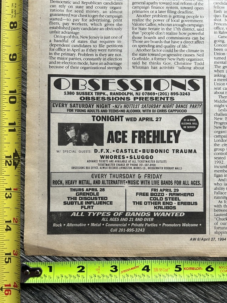 KISS Concert Ad Advert ACE FREHLEY April 27 1994 Obsessions NJ Vintage Kiss B