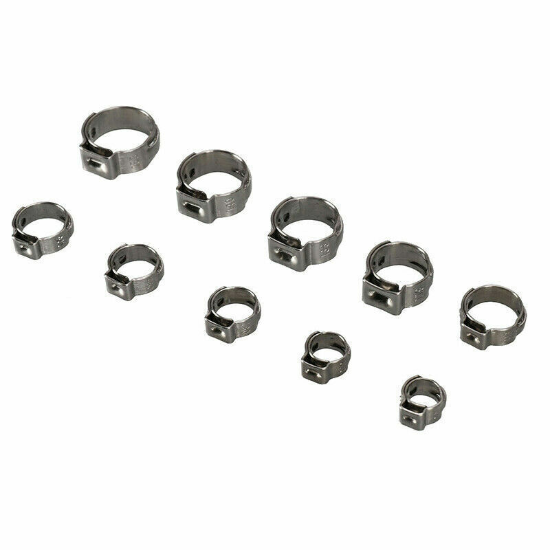 10/100X 304 Stainless Steel Single Ear Hose Clamps Assortment Water Pipe Hoop