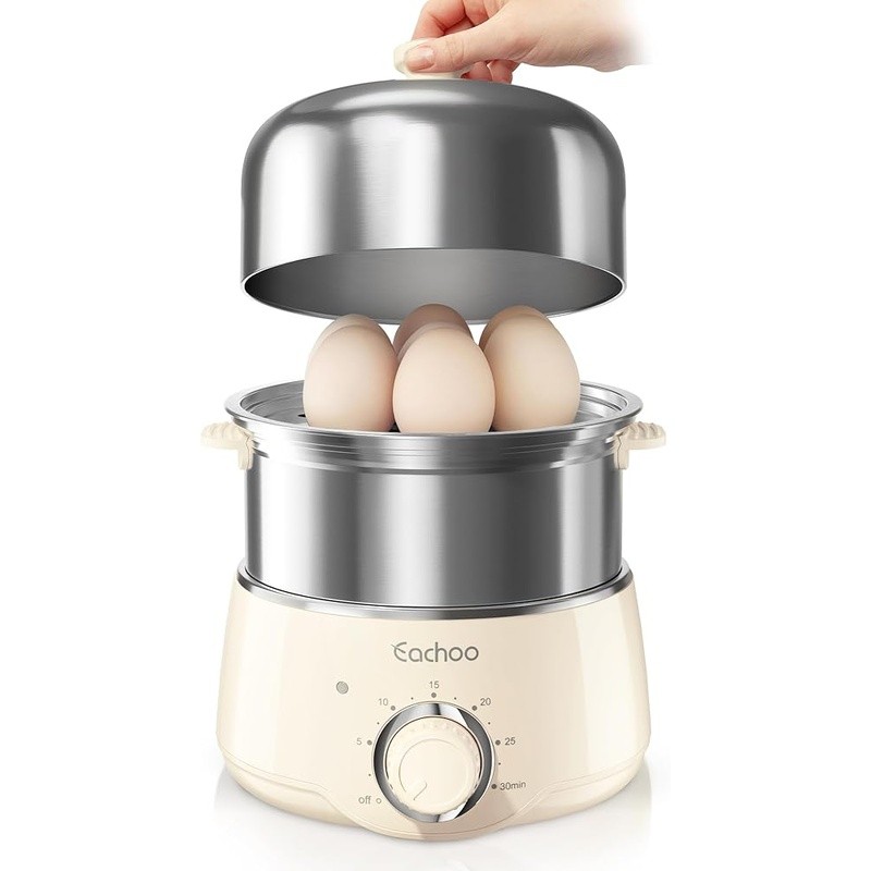 Dual-Tier Egg Cooker Timer Auto Shut-Off Multi-Use Vegetable Steamer 350W