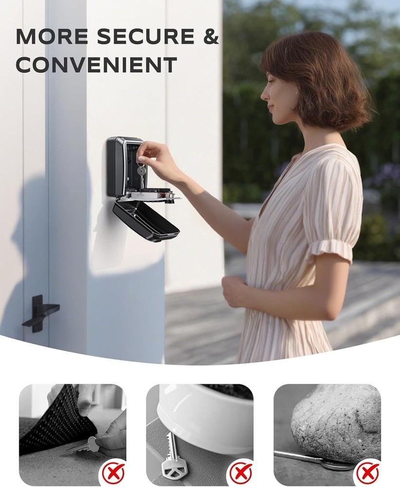 Wall-Mounted Key Lock Box, 12 Digit Combination Lock Box for Keys with Restta...