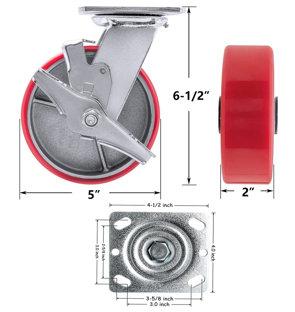 5"X 2" Heavy Duty Casters - Industrial Casters Polyurethane Caster with Stron...