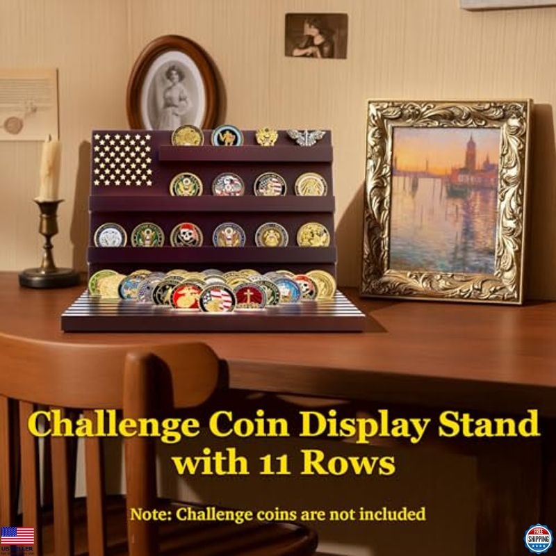 Premium Wooden Challenge Coin Display Stand - 11 Row Military Coin Holder Rack