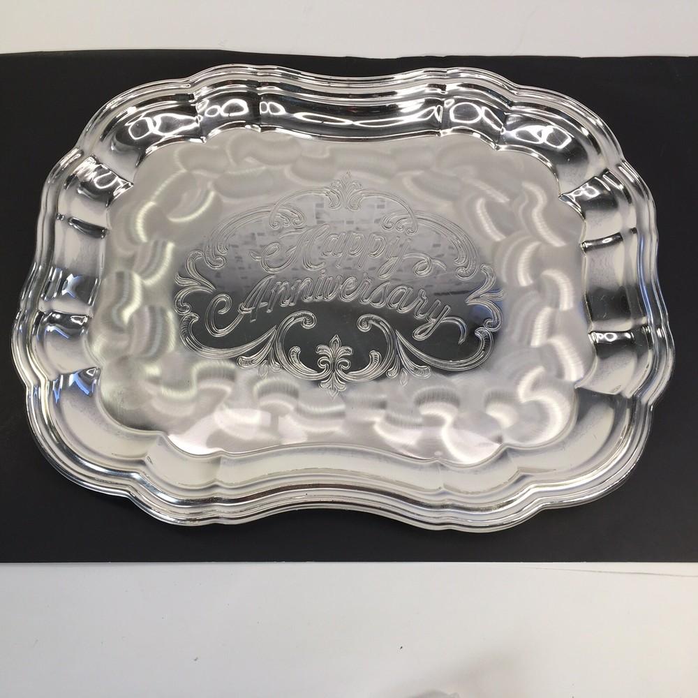WMF-IKORA #8396  Silver Plated 13” HAPPY ANNIVERSARY Scalloped Edge Serving Tray