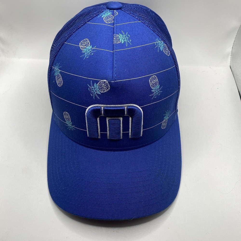 Travis Mathew Golf Hat Trucker Adjustable SnapBack Blue Pineapple Mesh Cleaned