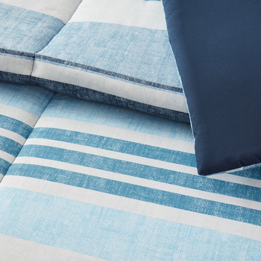 All in One Reversible Comforter & sheet set- 7 Piece Queen Blue Stripe