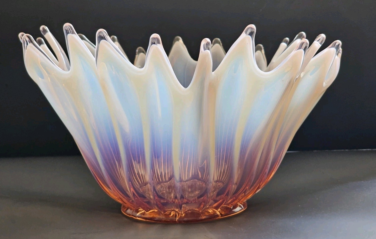 Beautiful Free Form Fostoria Heirloom Pink/Peach and White Opalescent Bowl