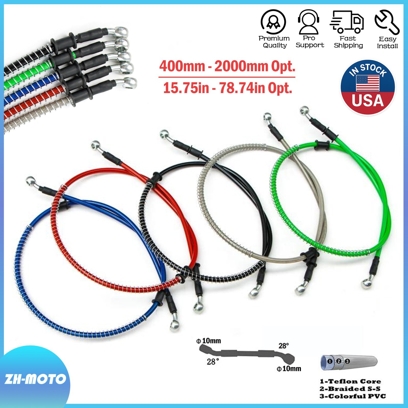 M10 Universal Motorcycle Braided Steel Hydraulic Brake Clutch Oil Hose Line Pipe