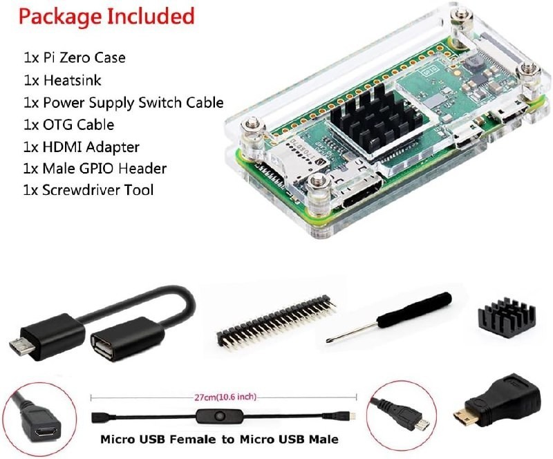 Raspberry Pi Zero Case, Case for Raspberry Pi Zero 2 w, with Heatsink, HDMI Adap
