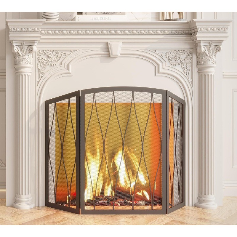 Childproof Fireplace Screen 3- Panel Modern Handcrafted Wrought Iron Foldable