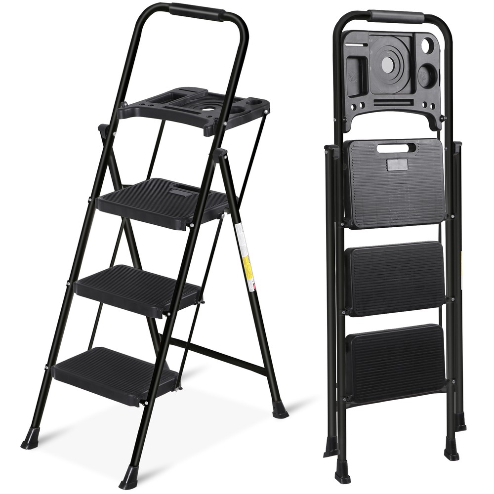 Step Ladder Sturdy 4 Step Ladder with Tool Platform Multipurpose Home Black