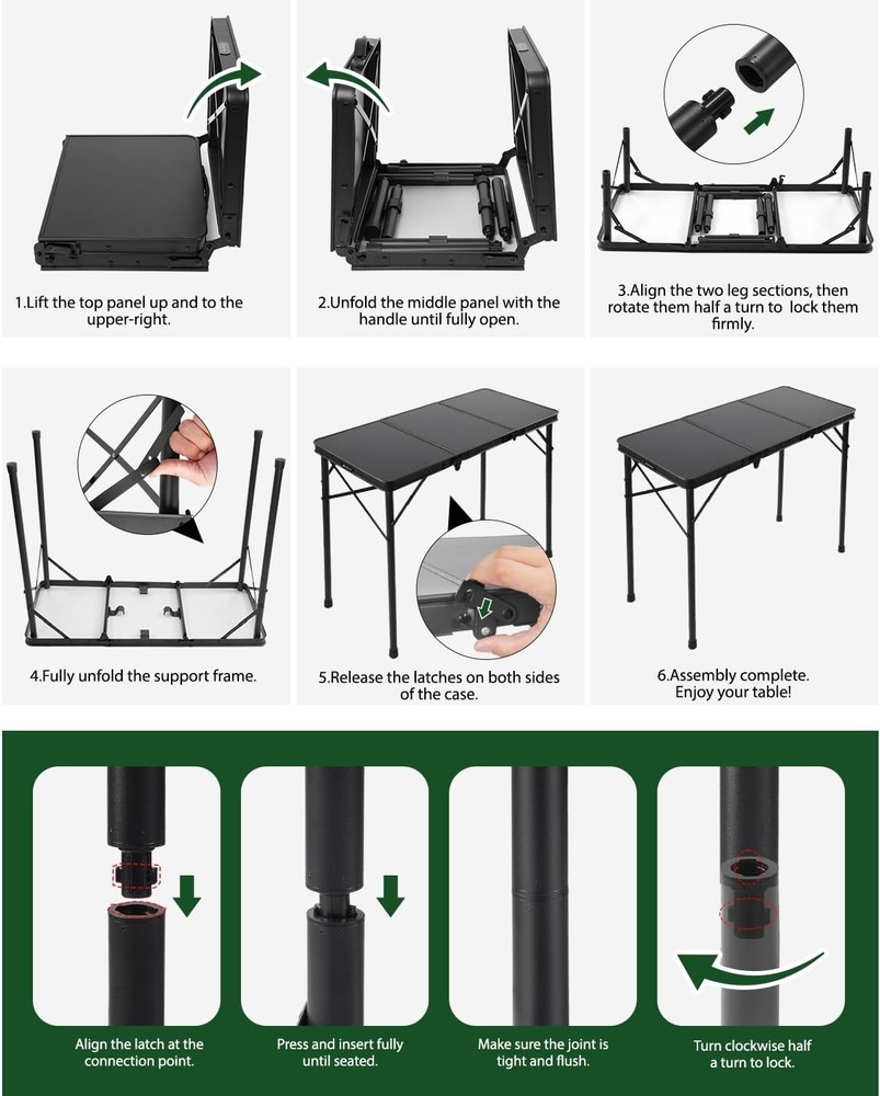 3ft Folding Camping Table Folding Table W/ 3 Adjustable Height Portable Table W/