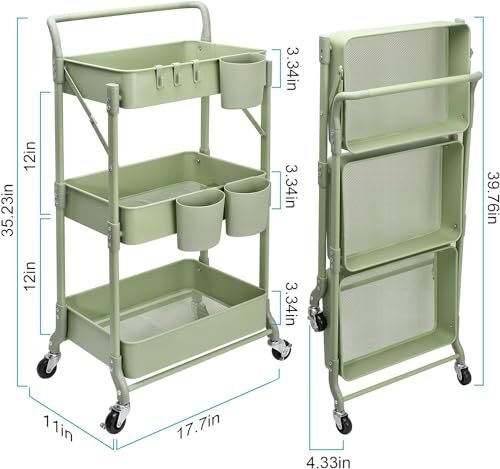 Foldable 3 Tier Metal Utility Rolling Cart Folding Mobile Multifunction Storage