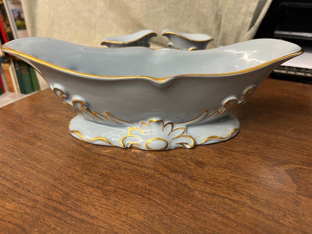 3 Piece Blue Ceramic Console Set w/ Gold Decoration