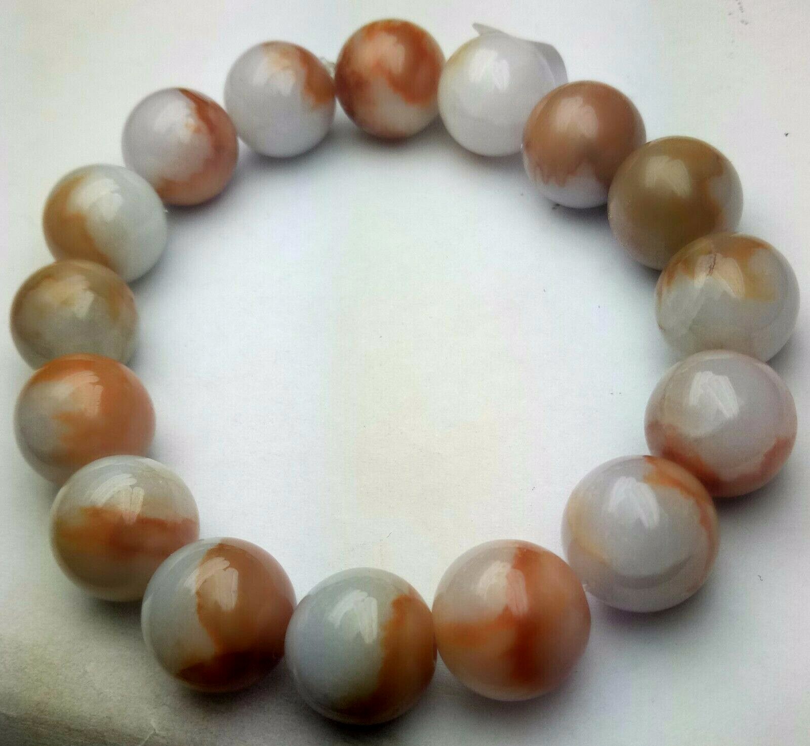 Certified Orange Brown White Natural A Jade Jadeite 12mm Bead Stretchy Bracelet