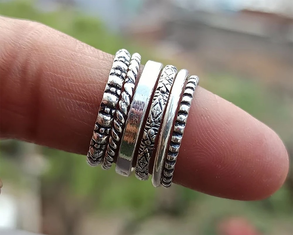 Solid 925 Sterling Silver Set 6pc Textured Knuckle Boho Stacking Band Women Ring