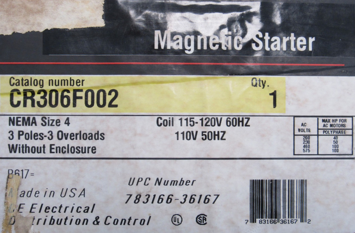 NEW GENERAL ELECTRIC CR306F002 MAGNETIC STARTER NEMA SIZE 4 110/120V COIL