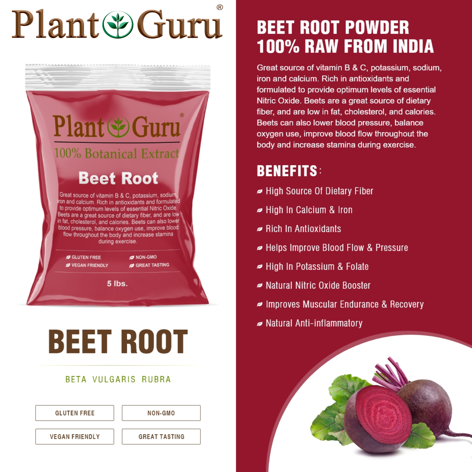 Red Beet Root Powder Beta Vulgaris Non-GMO Nitric Oxide Extract Super Food Juice