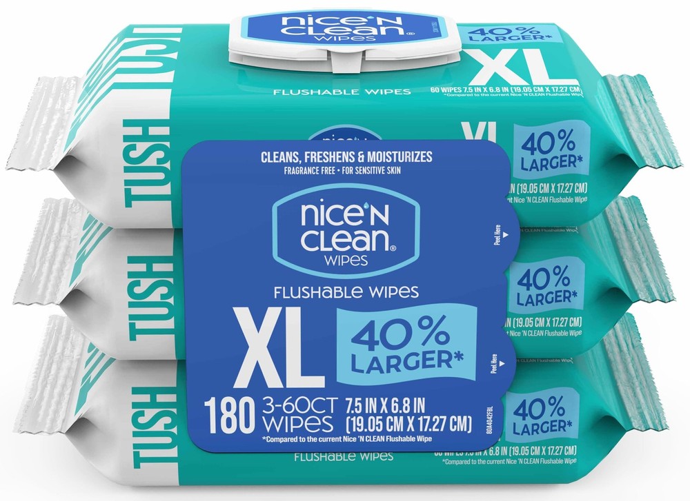 Nice 'N CLEAN Extra Large Flushable Wipes | 40% 60 Count (Pack of 3), White