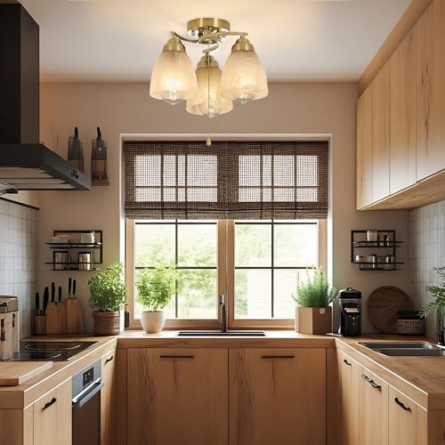 3-Light Flush Mount Ceiling Light with Pull Chain, Modern Lighting Golden