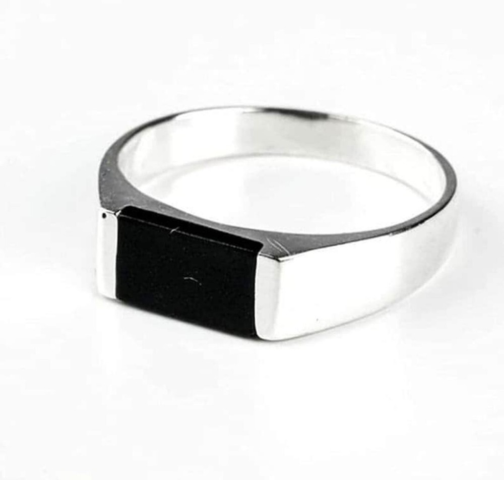 Men’s Black Onyx Style Ring Silver Minimalist Rectangular Signet Band