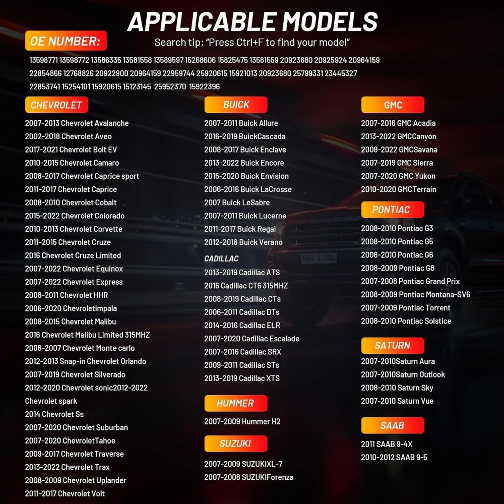 TPMS Sensor GM, 4-Pack 315MHz Tire Pressure Sensor Replacement for Chevy Silvera