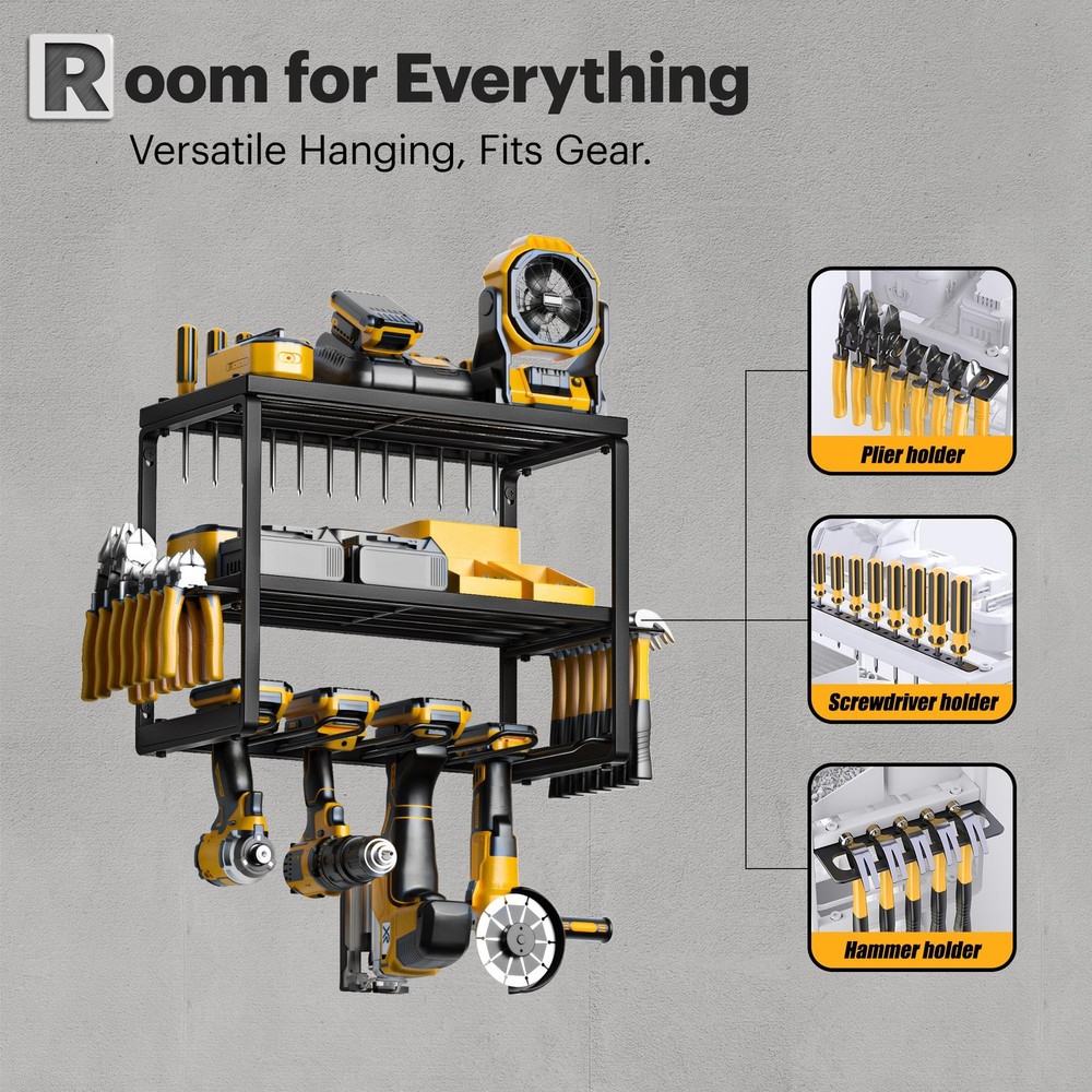 3-Layer Power Tool Organizer Wall Mount with Drill Holders, Garage Storage Rack