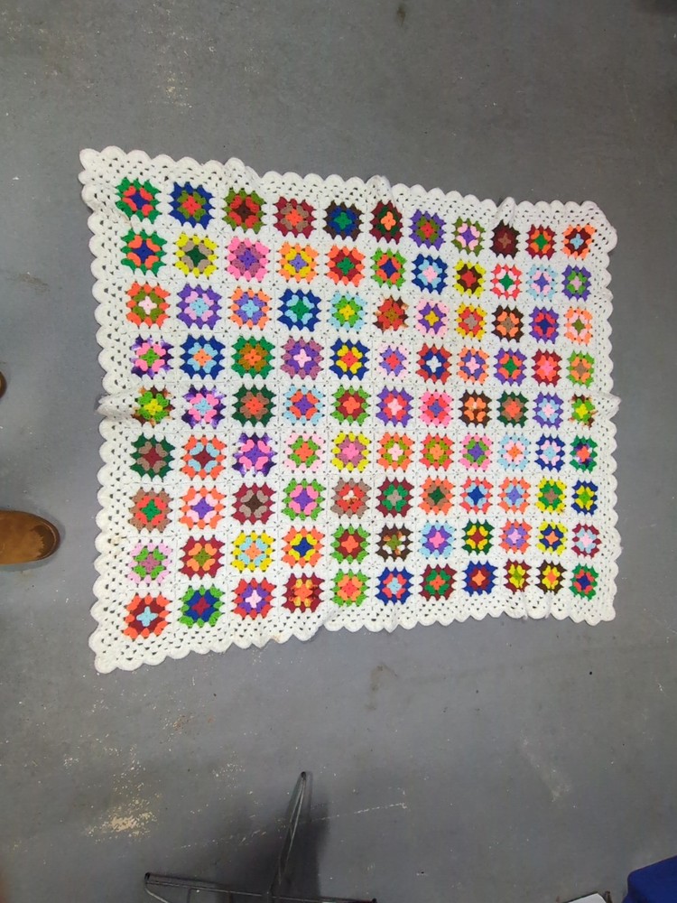 Vintage Hand Crochet Granny Rectangular  Multicolor Blanket Throw 66" X 56"