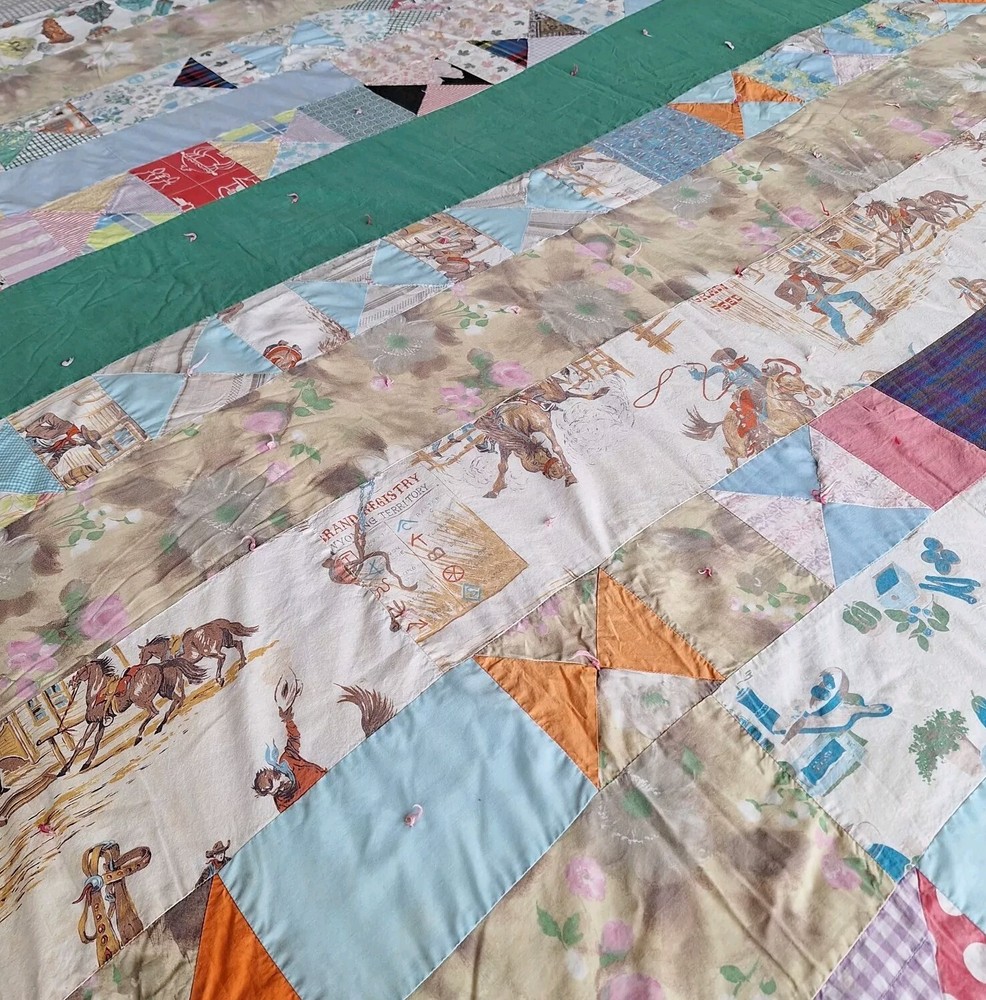 VTG Handmade Patchwork Quilt Block Pattern 70"x90" Horse Theme Cutter Display