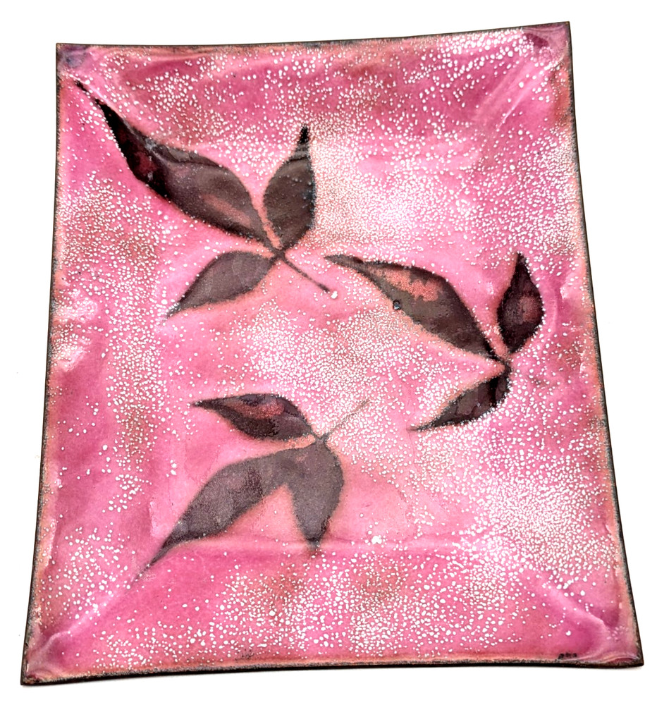 Enamel Over Copper Rectangle Dish Pink With Leaves