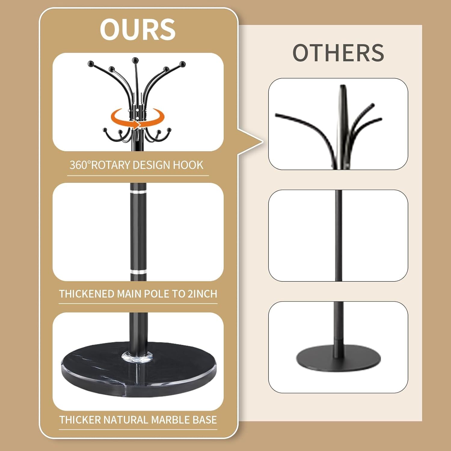 Metal Heavy Duty Coat Rack Stand with Natural Marble Base Modern Coat Rack