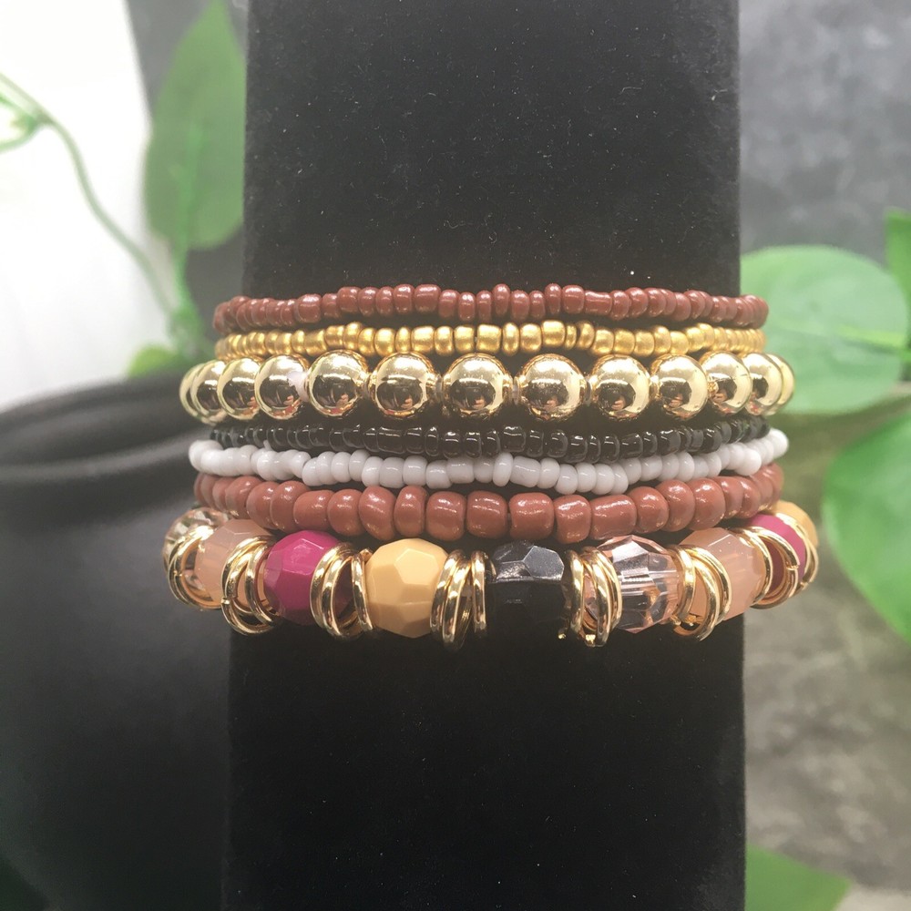 7 PC Handmade Bohemian Beaded Stackable 6.75" Plus Stretch Bracelet Set New A885