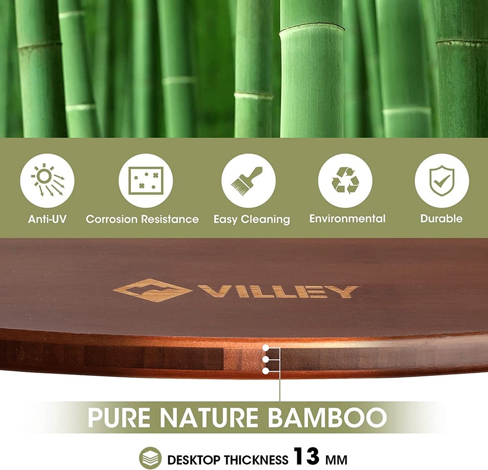 VILLEY Bamboo Round Folding Camping Table Halffold Portable Table Load 176 lbs