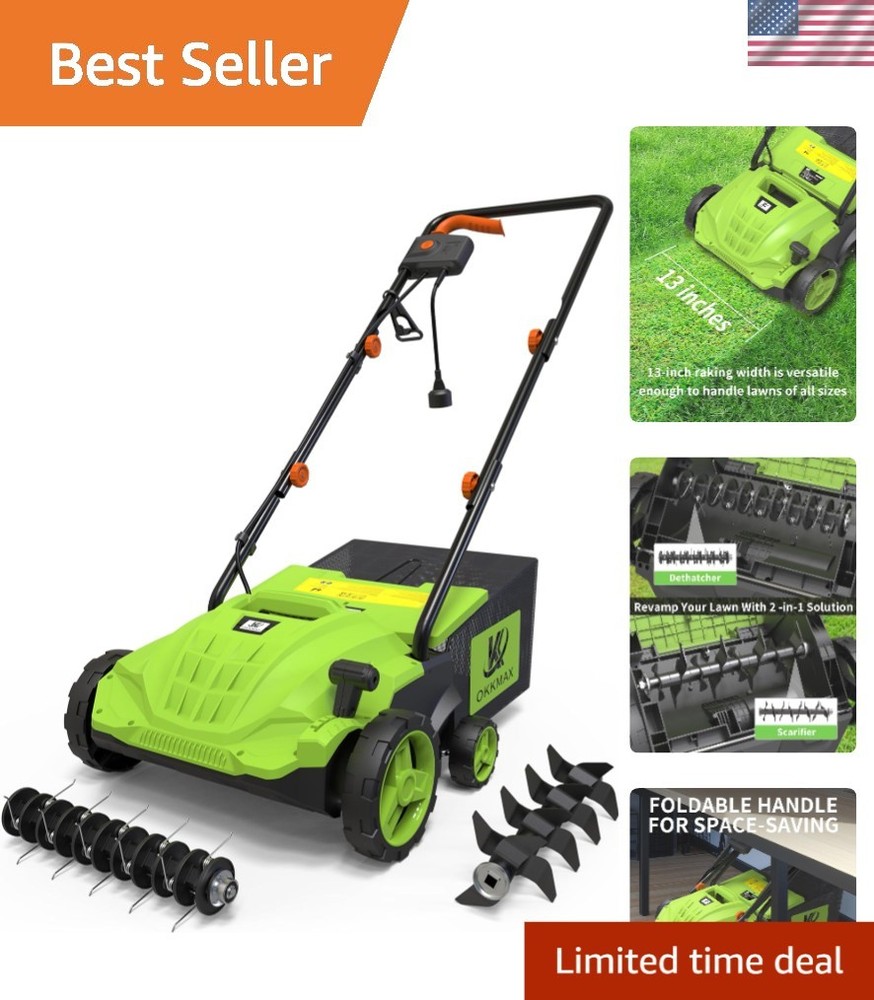 Powerful Foldable Electric Dethatcher with Collection Bag and Depth Adjustment