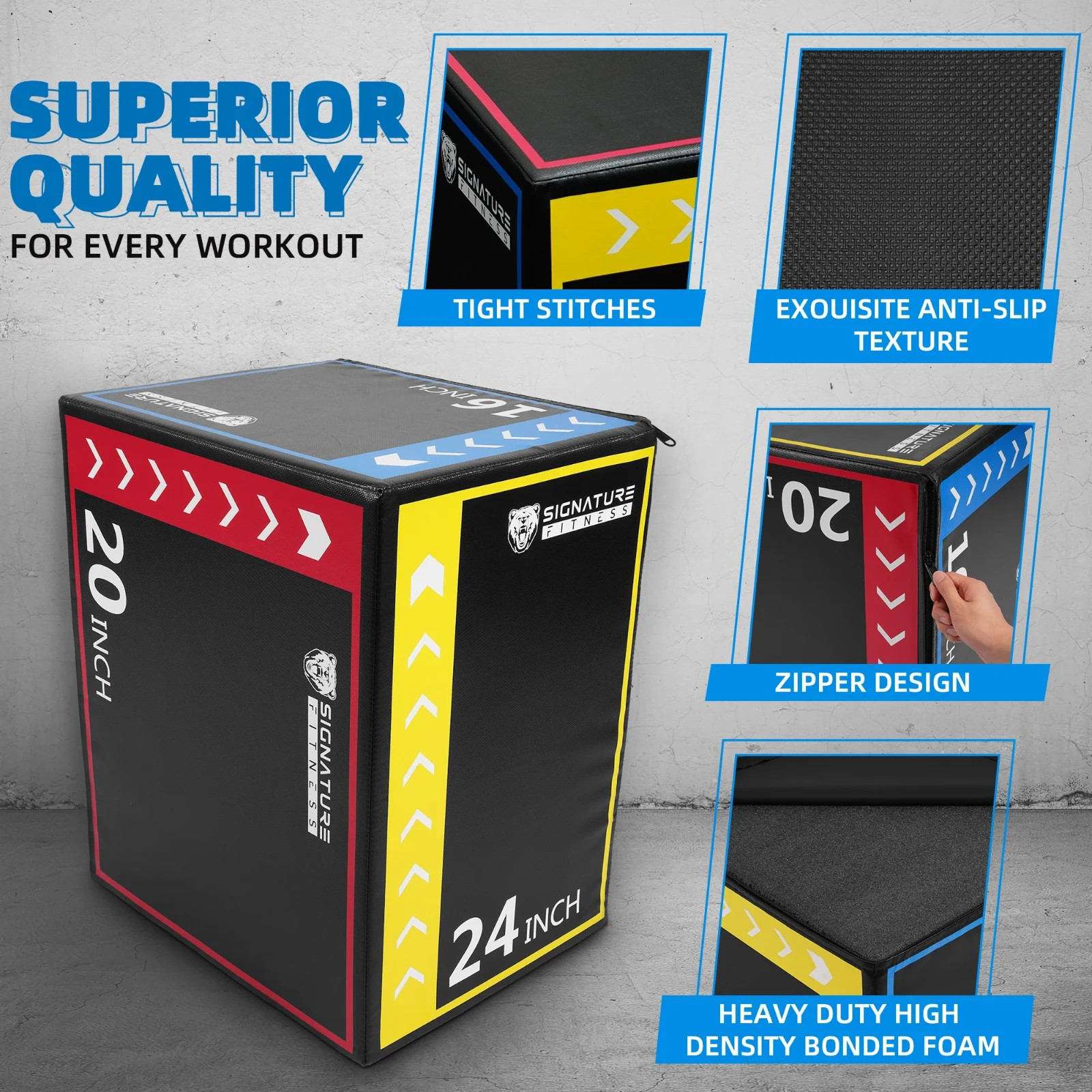 Signature Fitness 3-in-1 Foam Plyometric Jump Box, Adjustable Height 16/20/24 In