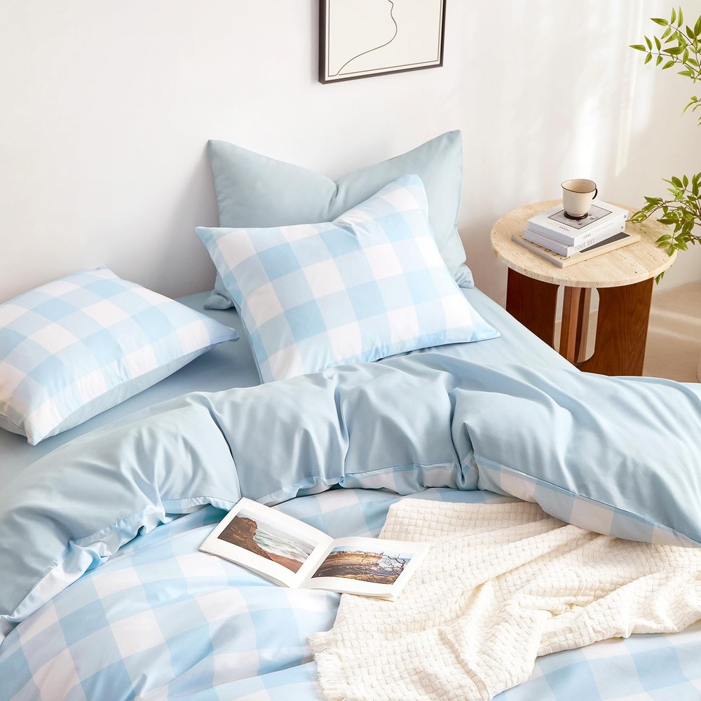 Wake In Cloud - Gingham Comforter Set, Plaid Buffalo Full, Light Blue White