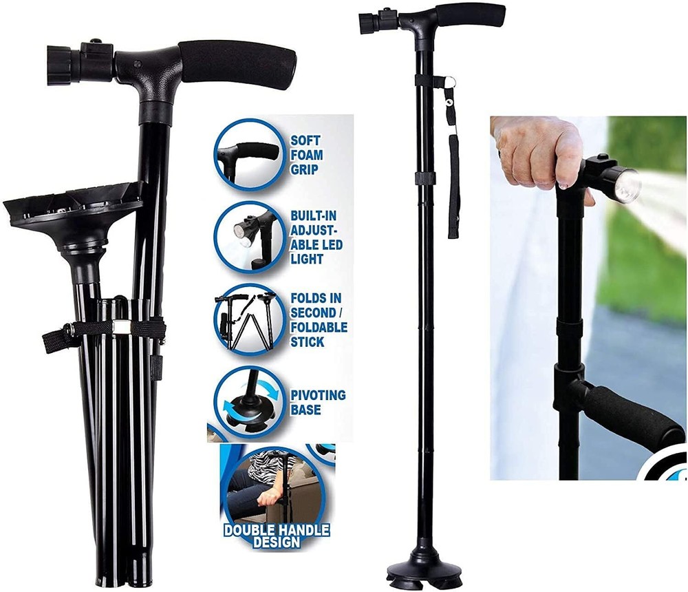 Folding Mobility Cane Soft Foam Twin Grip Adjustable w/ LED Lights Pivoting Base