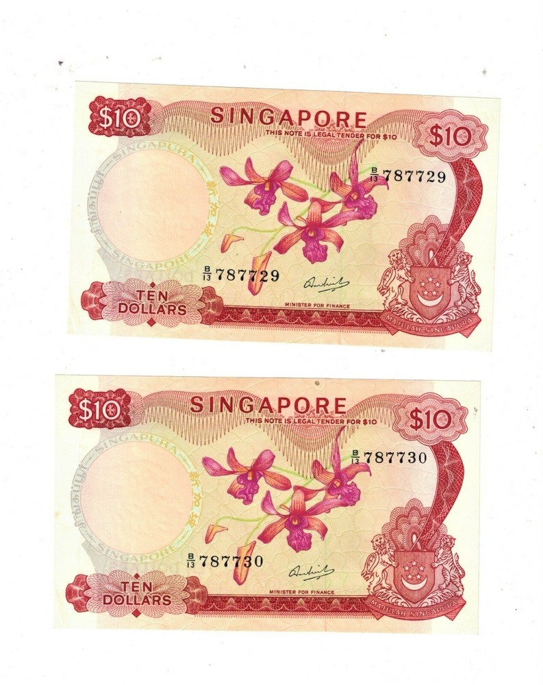 SINGAPORE Ten Dollars  P3.c 2 Consecutive notes aUNC