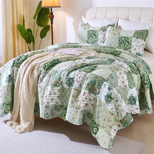 Romantic Patchwork Quilt Set King Size,Reversible Bedspread King 102x90 Green
