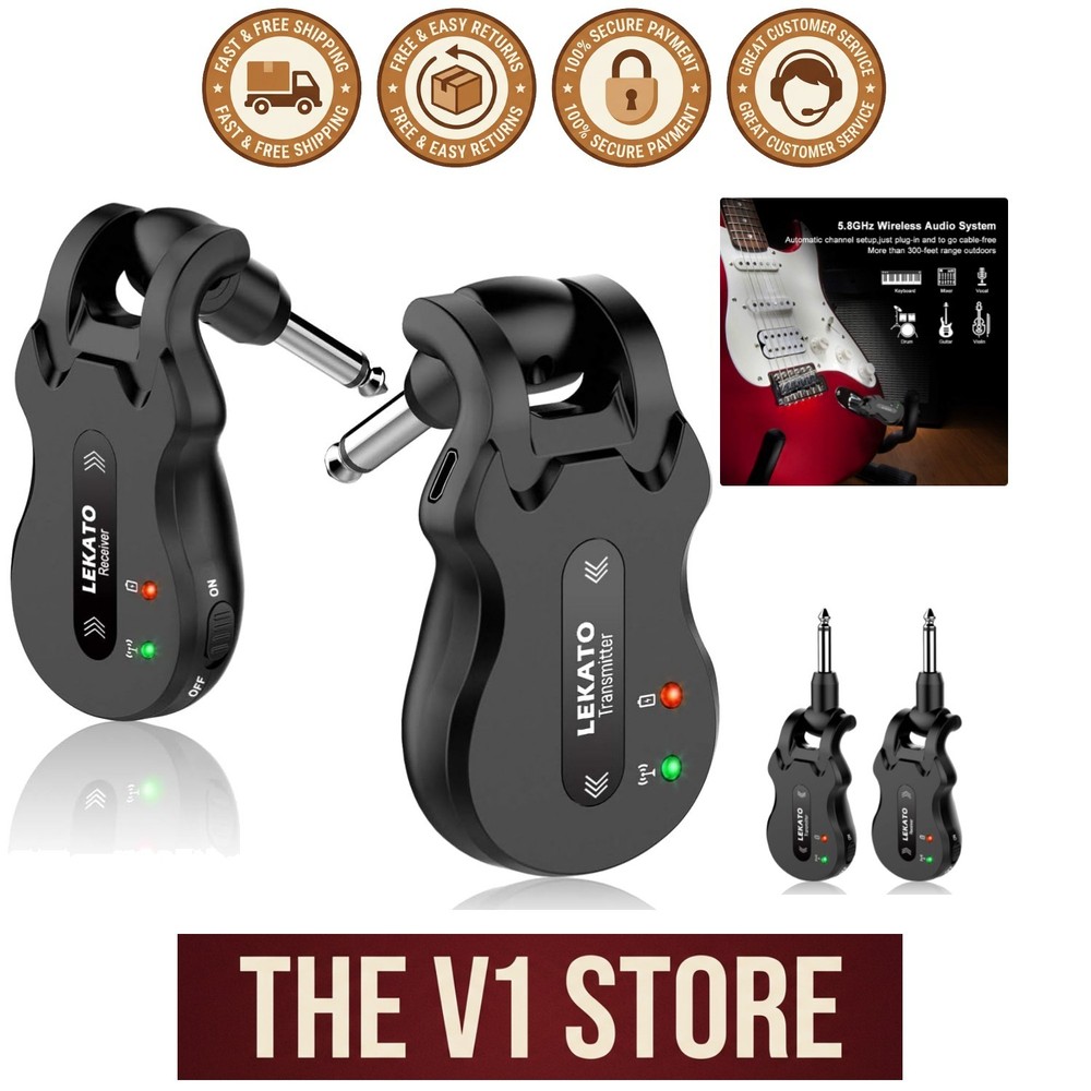 Rechargeable Wireless Guitar Transmitter & Receiver - 4 Channels, 100ft Range