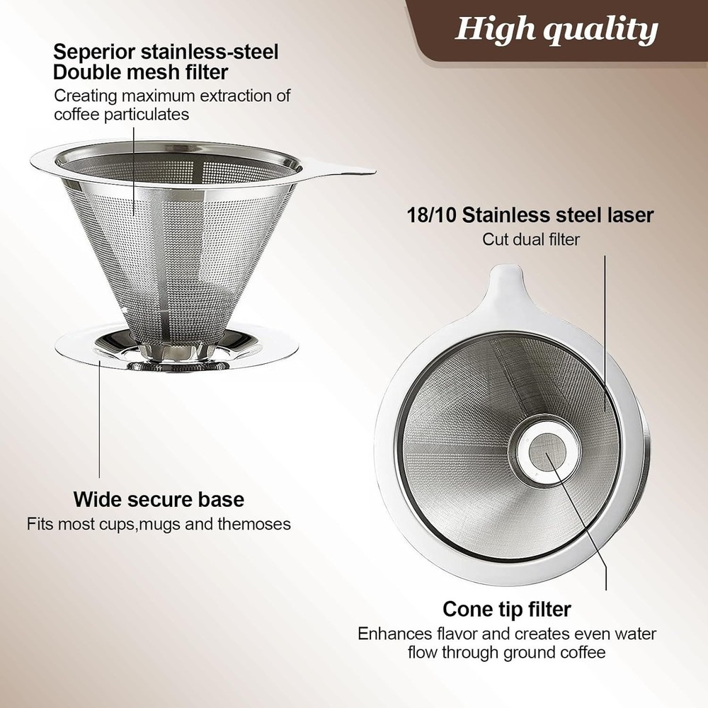 Pour Over Coffee Dripper Stainless Reusable Paperless Double Mesh Cone Filter