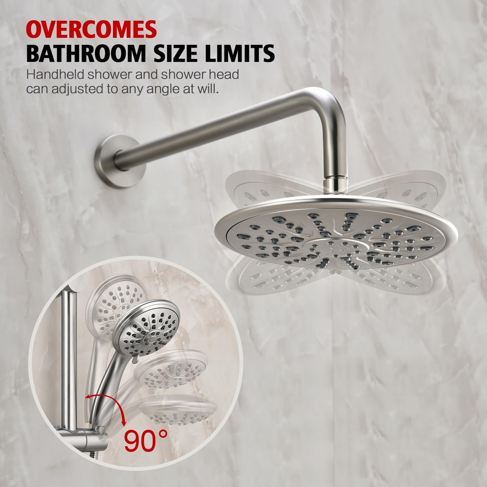 sumerain Brushed Nickel Rain Shower System Complete with Multi-Settings Rainf...
