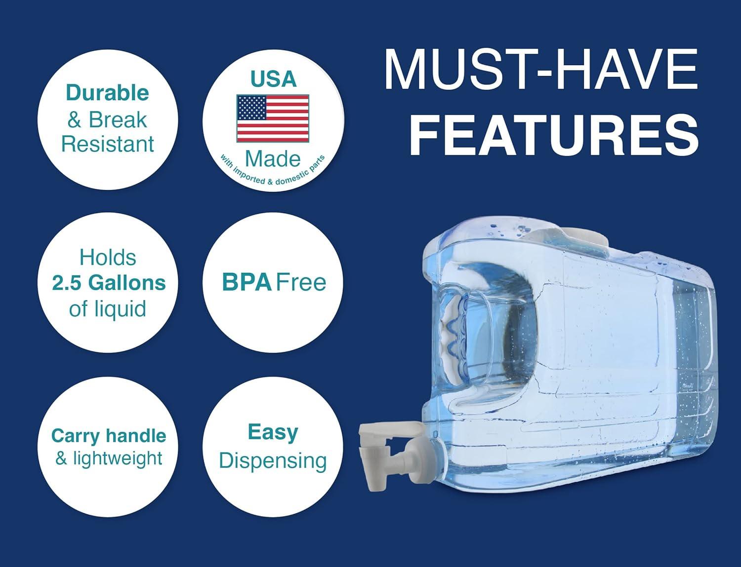 Oasis Drink Dispenser for Fridge, 2.5 Gallon - Plastic Beverage Dispenser with S